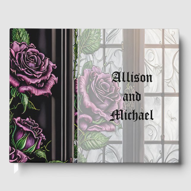 Purple roses by the window - gothic style wedding  guest book (Front)