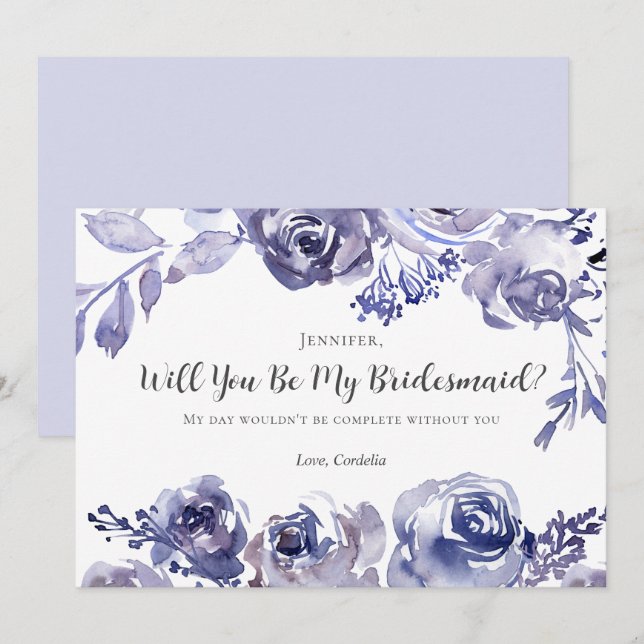 Purple Roses Chic Floral Will You Be My Bridesmaid Invitation (Front/Back)