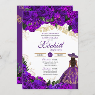 Purple Roses Elegant Emerald Charro Quinceanera Invitation