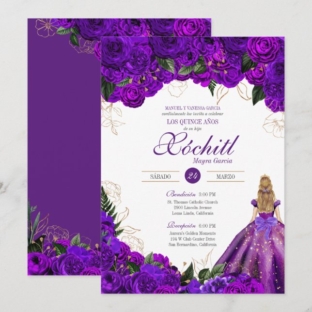 Purple Roses Elegant Floral 15th Birthday Quince Invitation (Front/Back)