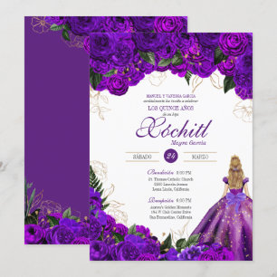 Purple Roses Elegant Floral 15th Birthday Quince Invitation