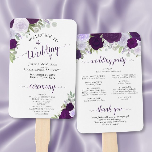 Purple Roses Elegant Floral Wedding Program Hand Fan (Front/Back)