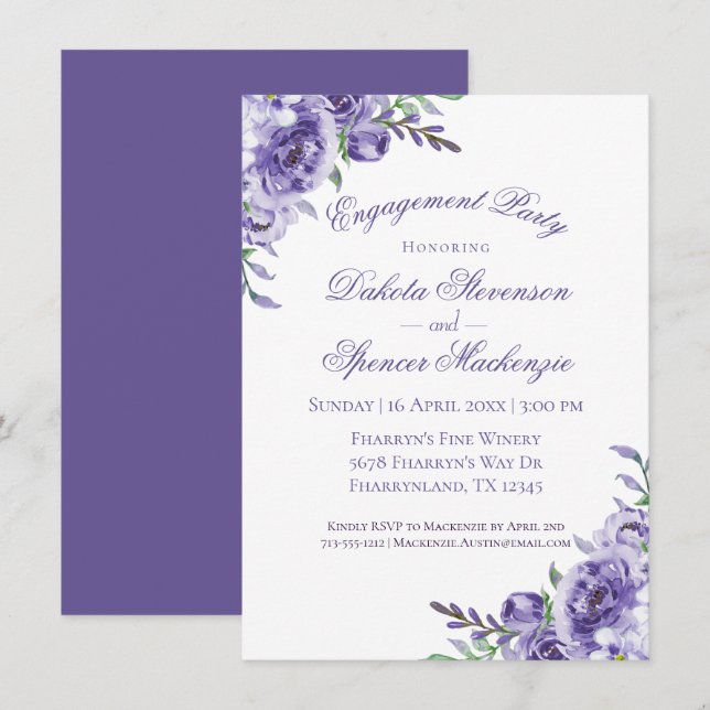 Purple Roses | Elegant Watercolor Boho Engagement Invitation (Front/Back)