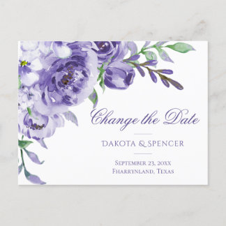 Purple Roses | Elegant Watercolor Change of Date Announcement Postcard