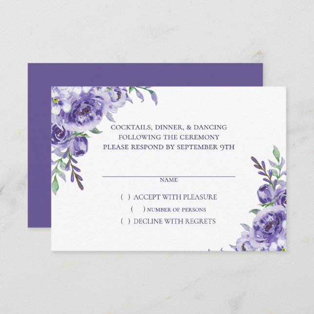 Purple Roses | Elegant Watercolor Floral Boho RSVP Card (Front/Back)