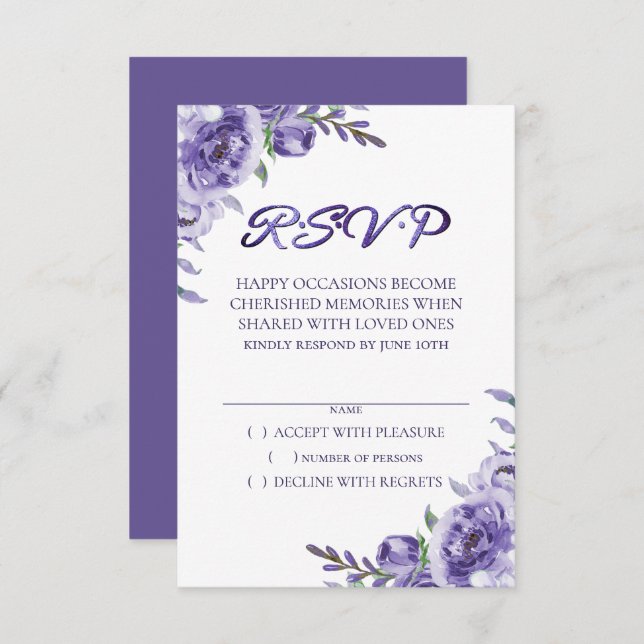 Purple Roses | Elegant Watercolor Floral Boho RSVP Card (Front/Back)