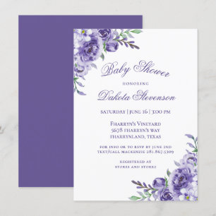 Purple Roses Elegant Watercolor Floral Shower Invitation
