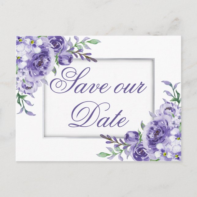 Purple Roses | Elegant Watercolor Save the Date Announcement Postcard (Front)