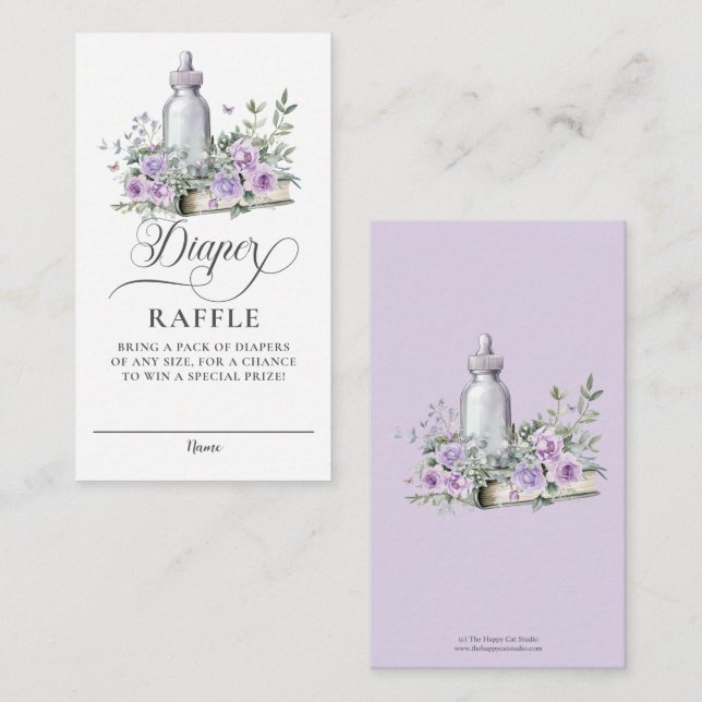 Purple Roses Floral Book Baby Bottle Diaper Raffle Enclosure Card (Front/Back)