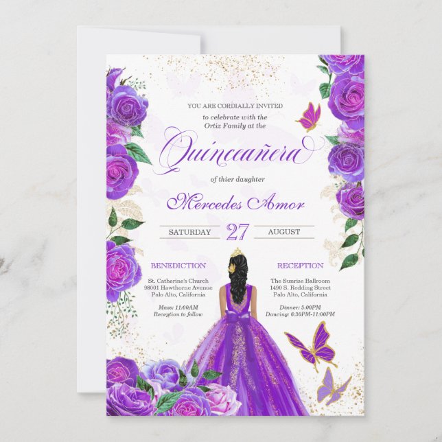 Purple Roses Floral Butterfly Mariposa Quinceanera Invitation (Front)