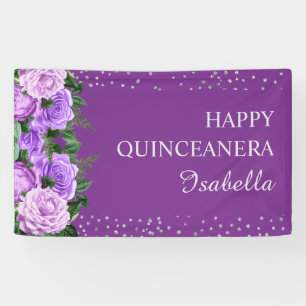Purple Roses Floral Glitter Happy Quinceañera Banner