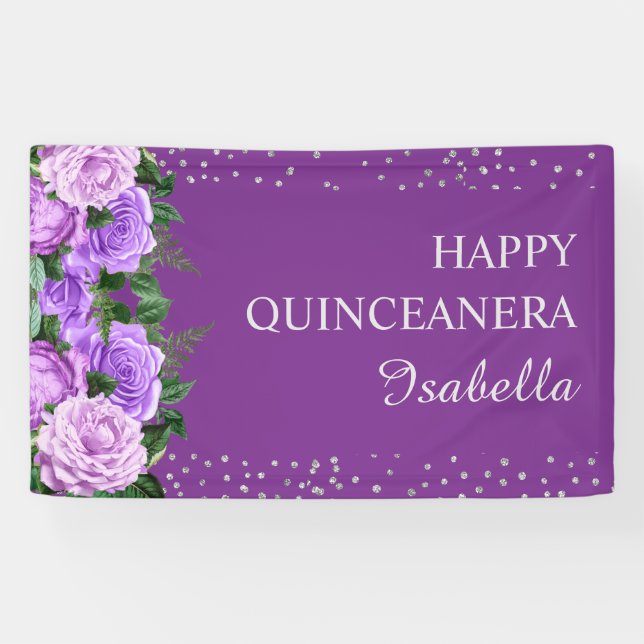 Purple Roses Floral Glitter Happy Quinceañera  Banner (Horizontal)