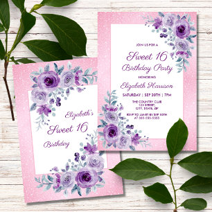 Purple Roses Floral Glitter Pink 16th Birthday Invitation