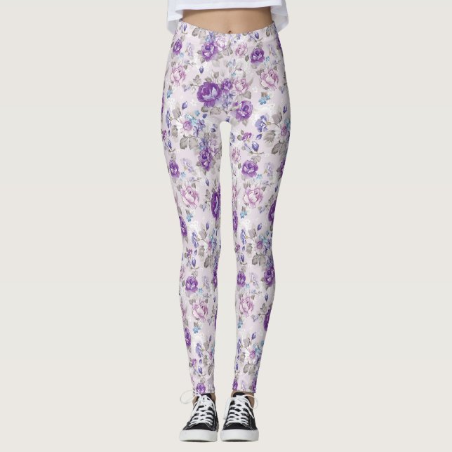 Purple Roses Floral Leggings (Front)