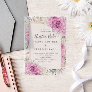 Purple Roses Floral Nuestra Boda Spanish Wedding Vellum Invitations