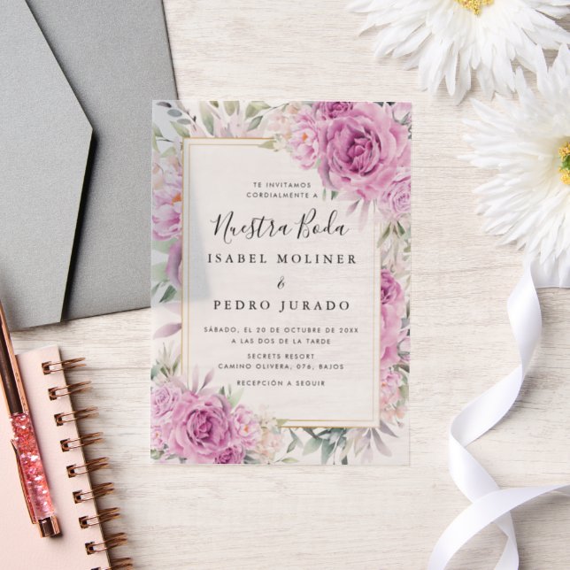 Purple Roses Floral Nuestra Boda Spanish Wedding Vellum Invitations (Wedding)