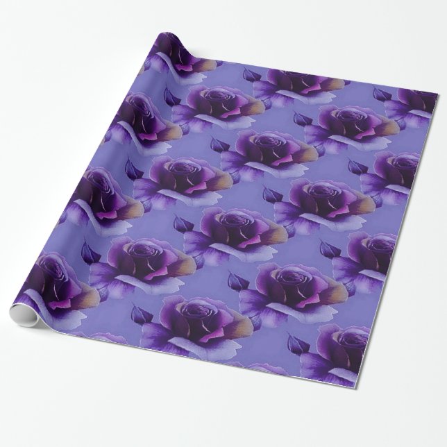 Purple Roses Floral Pattern Wrapping Paper (Unrolled)