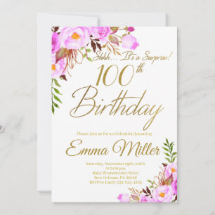 Purple Roses Floral Surprise 100th Birthday Party Invitation