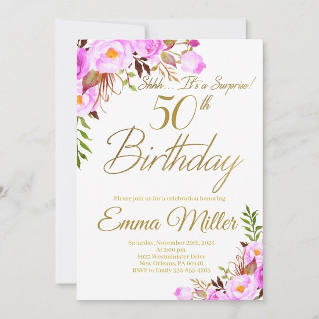 Purple Roses Floral Surprise 50th Birthday Party Invitation (Front)