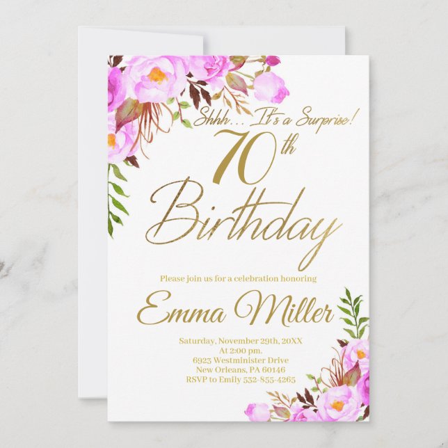 Purple Roses Floral Surprise 70th Birthday Party Invitation (Front)