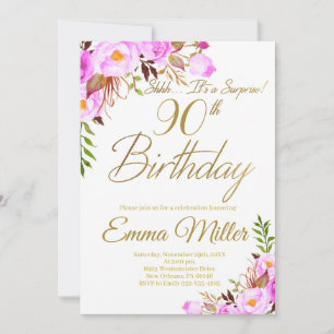 Purple Roses Floral Surprise 90th Birthday Party Invitation