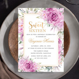 Purple Roses Floral Sweet Sixteen 16 Birthday Invitation