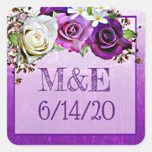 Purple Roses Floral Thank You Wedding Stickers