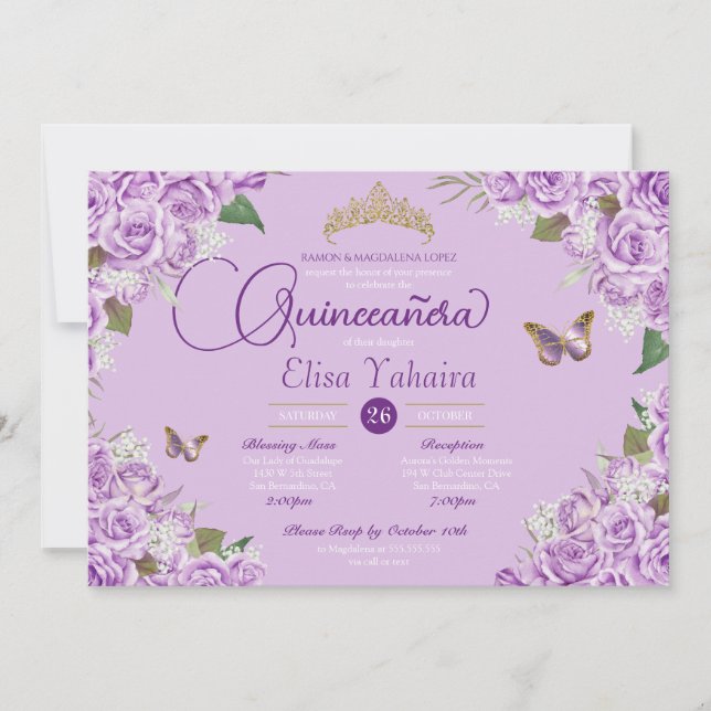 Purple Roses Floral Tiara Butterfly Quinceanera Invitation (Front)