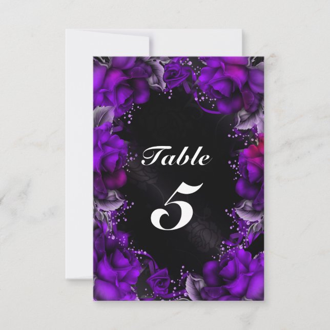 PURPLE Roses Floral Wedding Table Number Card (Front)