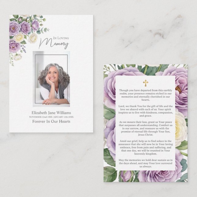 Purple  Roses Funeral Memorial Prayer   Card (Front/Back)