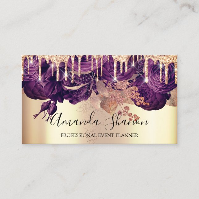 Purple Roses Glitter Drips Logo Event Planner  Business Card (Front)
