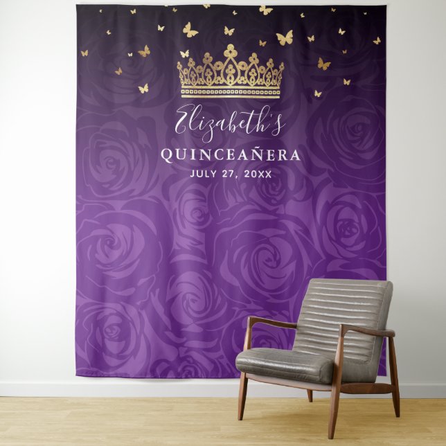 Purple Roses Gold Black Photo Backdrop Tapestries (In Situ)