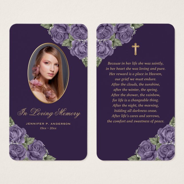 Purple Roses Gold Cross Funeral Prayer Card (Front & Back)