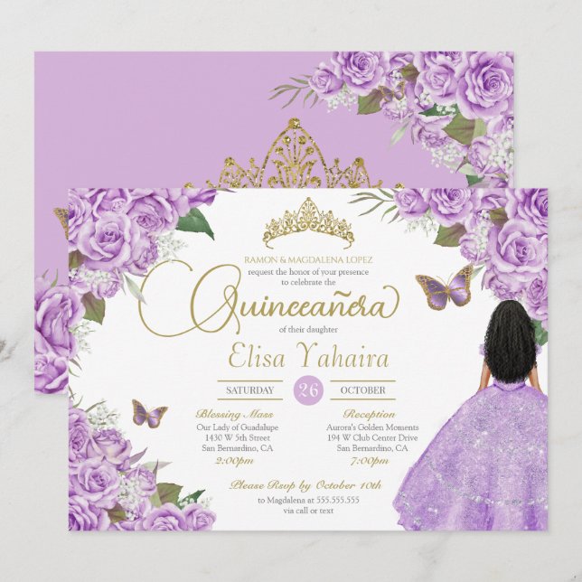 Purple Roses Gold Tiara Butterfly Elegant Quince Invitation (Front/Back)