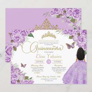 Purple Roses Gold Tiara Butterfly Elegant Quince Invitation