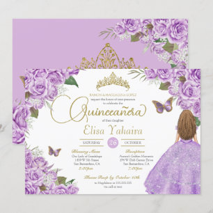 Purple Roses Gold Tiara Butterfly Elegant Quince Invitation