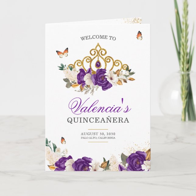 Purple Roses Gold Tiara Butterfly Quinceanera Programme (Front)