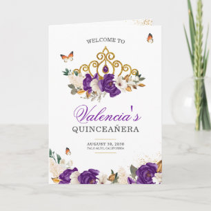 Purple Roses Gold Tiara Butterfly Quinceanera Programme