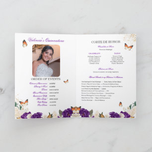 Purple Roses Gold Tiara Butterfly Quinceanera Programme