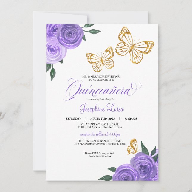 Purple Roses Golden Butterfly Quinceañera Birthday Invitation (Front)