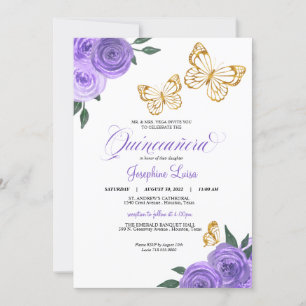 Purple Roses Golden Butterfly Quinceañera Birthday Invitation