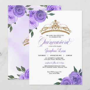 Purple Roses Golden Tiara Quinceañera Birthday Inv Invitation