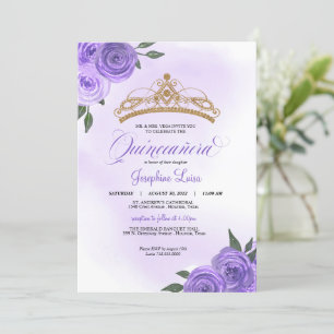 Purple Roses Golden Tiara Quinceañera Birthday Invitation