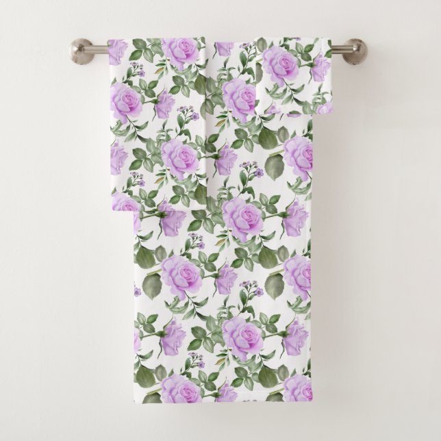 Purple Roses Greenery Floral Flowers Elegant Gift Bath Towel Set (Insitu)