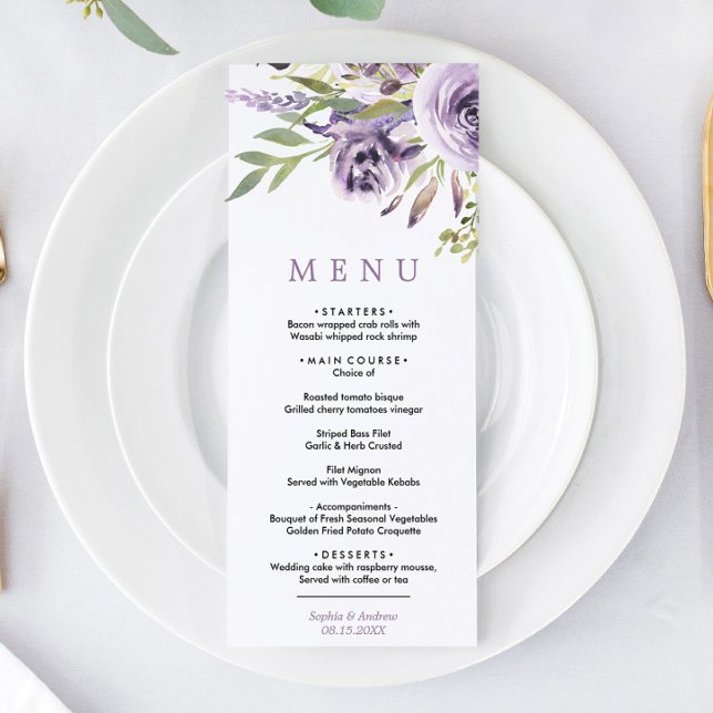 Purple Roses & Greenery Leaves Floral Wedding Menu (Creator Uploaded)