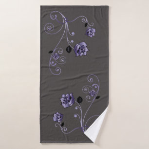 Purple Roses Grey Bath Towel Set