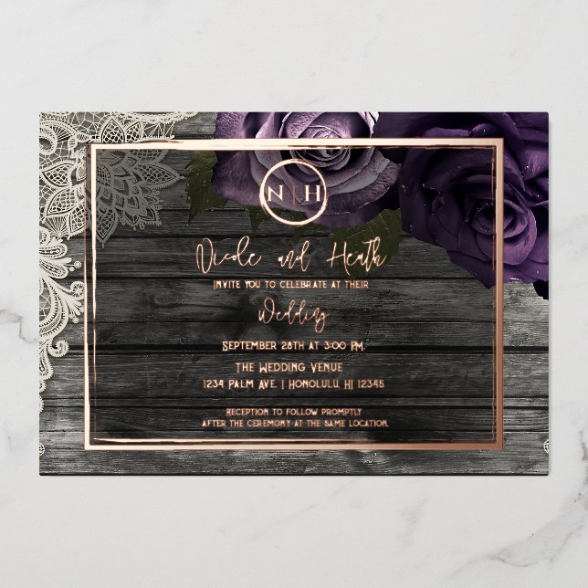 Purple Roses Grey Wood & Lace Rustic Wedding   (Front)