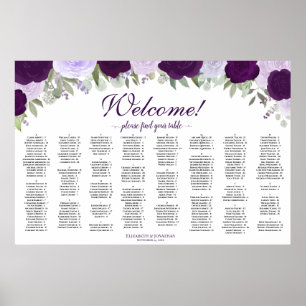 Purple Roses Horizontal Alphabetical Seating Chart