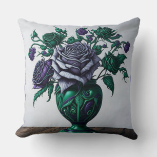 Purple Roses in a Emerald Green Vase Pillow