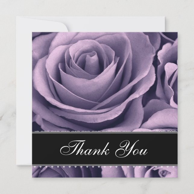 Purple Roses Lace Ribbon Wedding Thank You Card (Front)